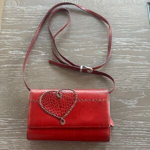 Brighton Red Leather Croc Heart Accent Stitched Crossbody Bag Wallet Organizer